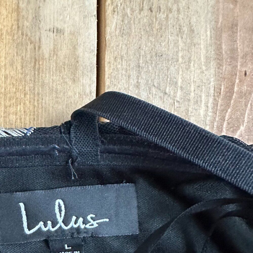 Lulus Black Floral Embroidered Midi Dress L Silver Tulle Bottom Stunning - Picture 6 of 13